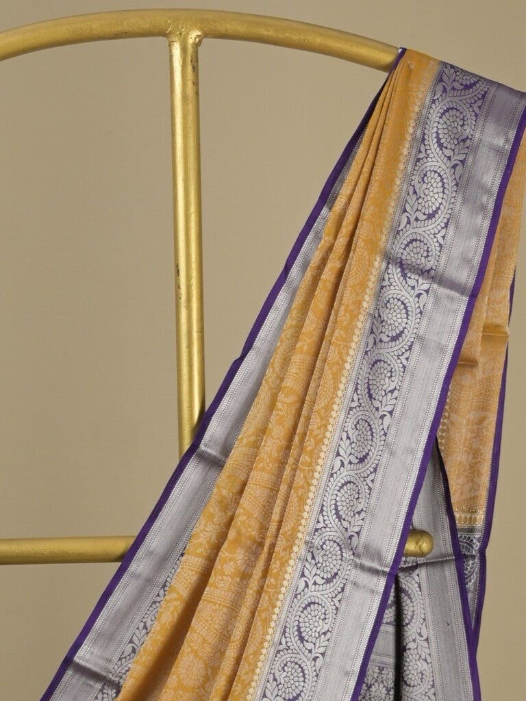 Georgette fancy saree golden yellow color allover weaves & zari border with rich pallu and plain blouse