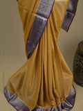 Georgette fancy saree golden yellow color allover weaves & zari border with rich pallu and plain blouse