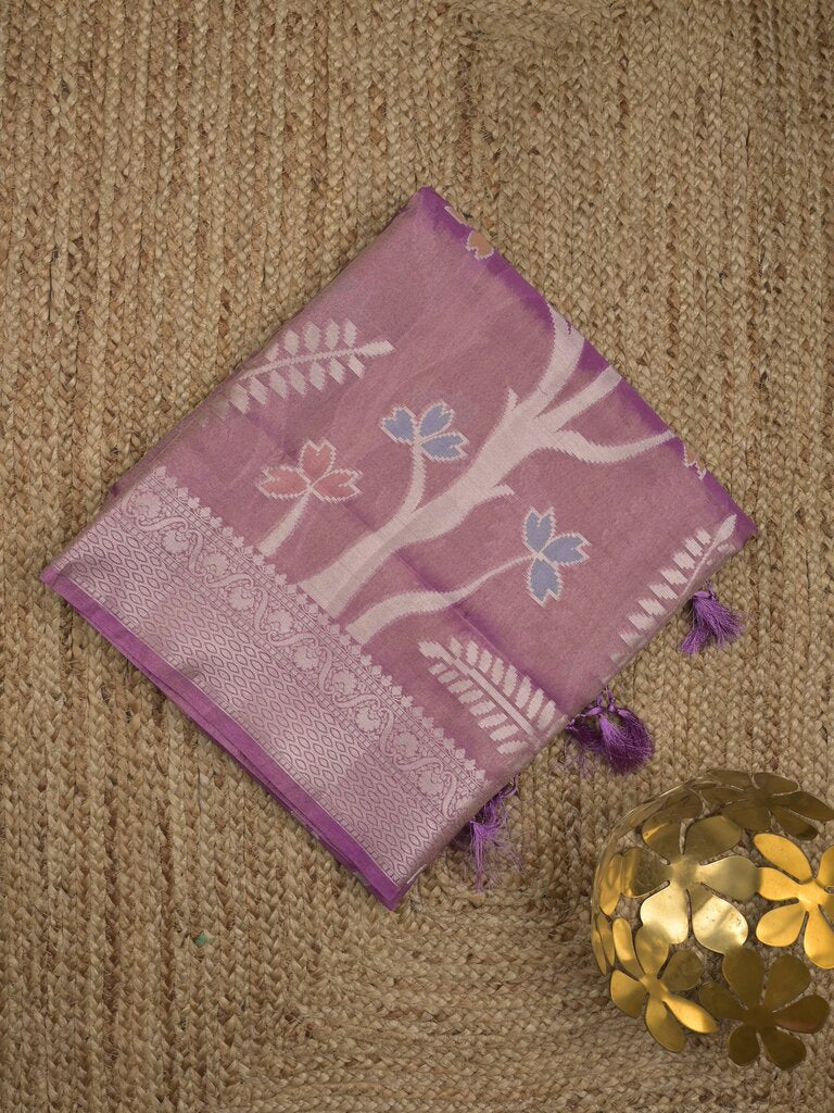 Organza tissue fancy saree allover zari weaves & zari border with self pallu and plain tissue blouse