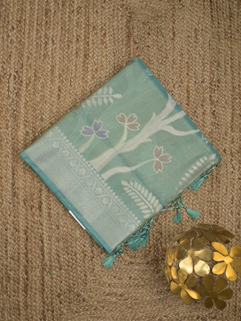 Organza tissue fancy saree allover zari weaves & zari border with self pallu and plain tissue blouse