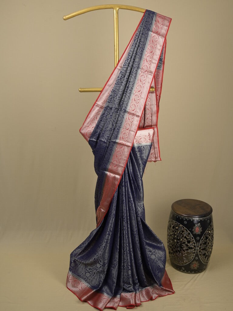 Georgette fancy saree navy blue color allover weaves & zari border with rich pallu and plain blouse