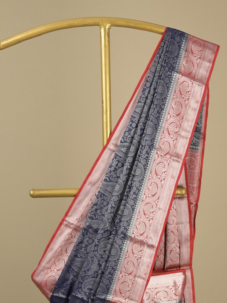 Georgette fancy saree navy blue color allover weaves & zari border with rich pallu and plain blouse