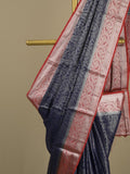 Georgette fancy saree navy blue color allover weaves & zari border with rich pallu and plain blouse