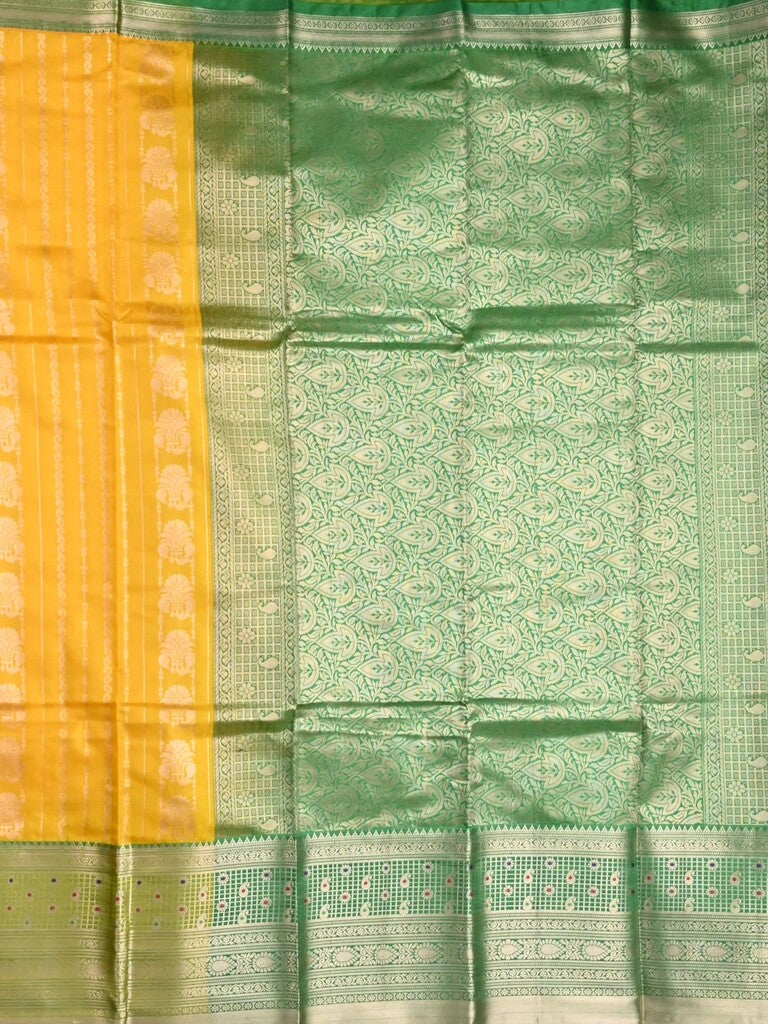 Banaras fancy saree yellow color allover zari motifs & zari border with rich contrast pallu and plain blouse
