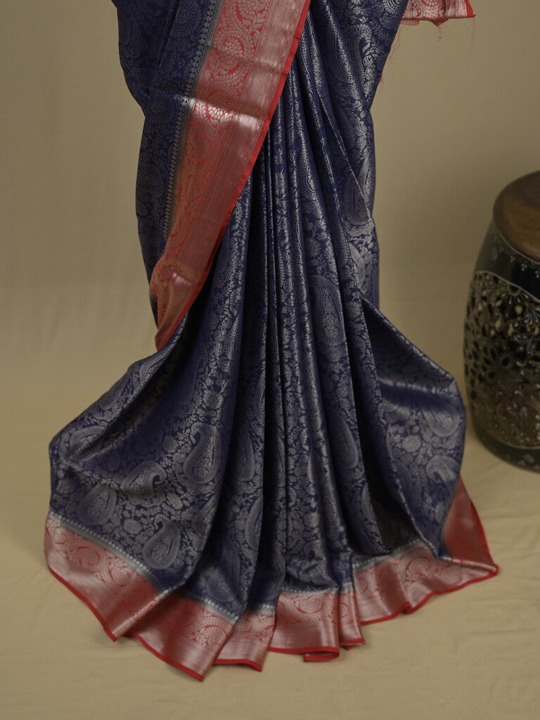 Georgette fancy saree navy blue color allover weaves & zari border with rich pallu and plain blouse