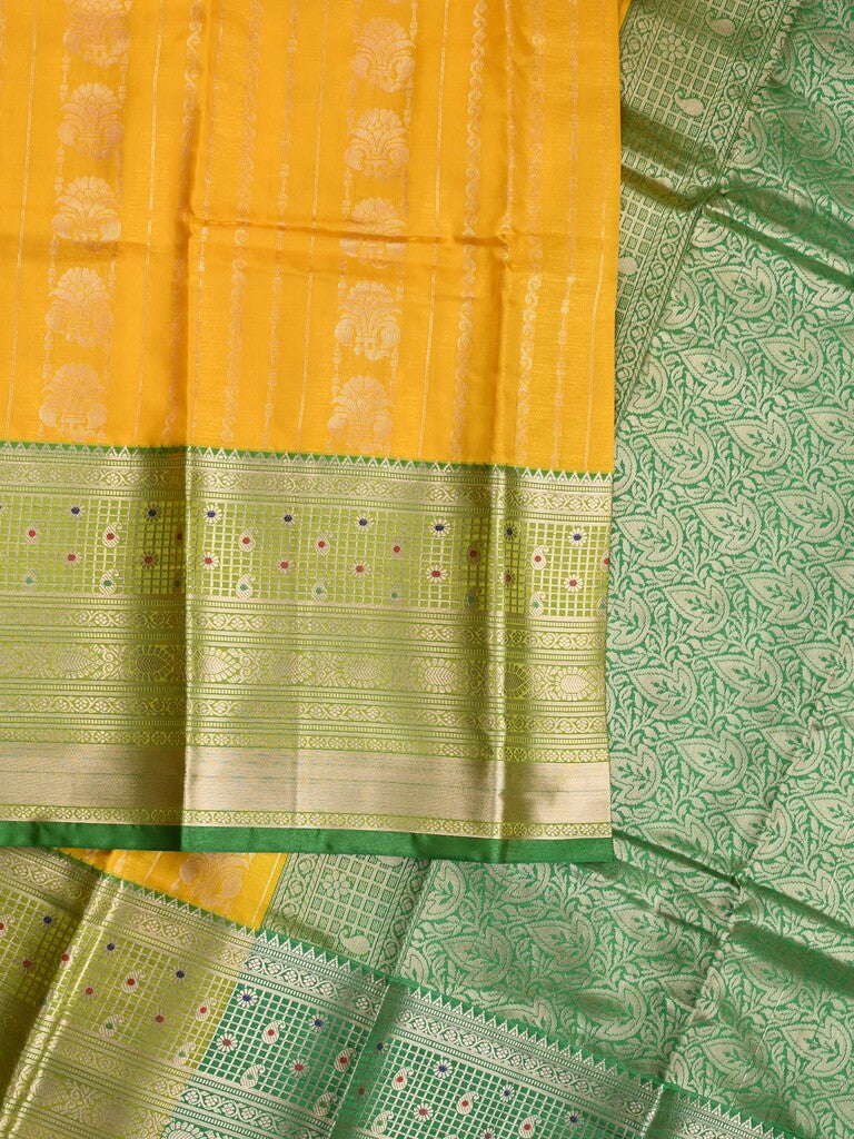 Banaras fancy saree yellow color allover zari motifs & zari border with rich contrast pallu and plain blouse