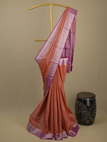 Georgette fancy saree orange color allover weaves & zari border with rich pallu and plain blouse