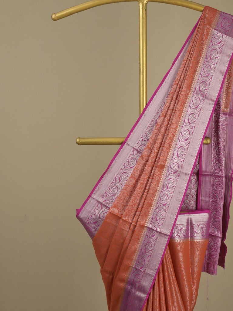 Georgette fancy saree orange color allover weaves & zari border with rich pallu and plain blouse