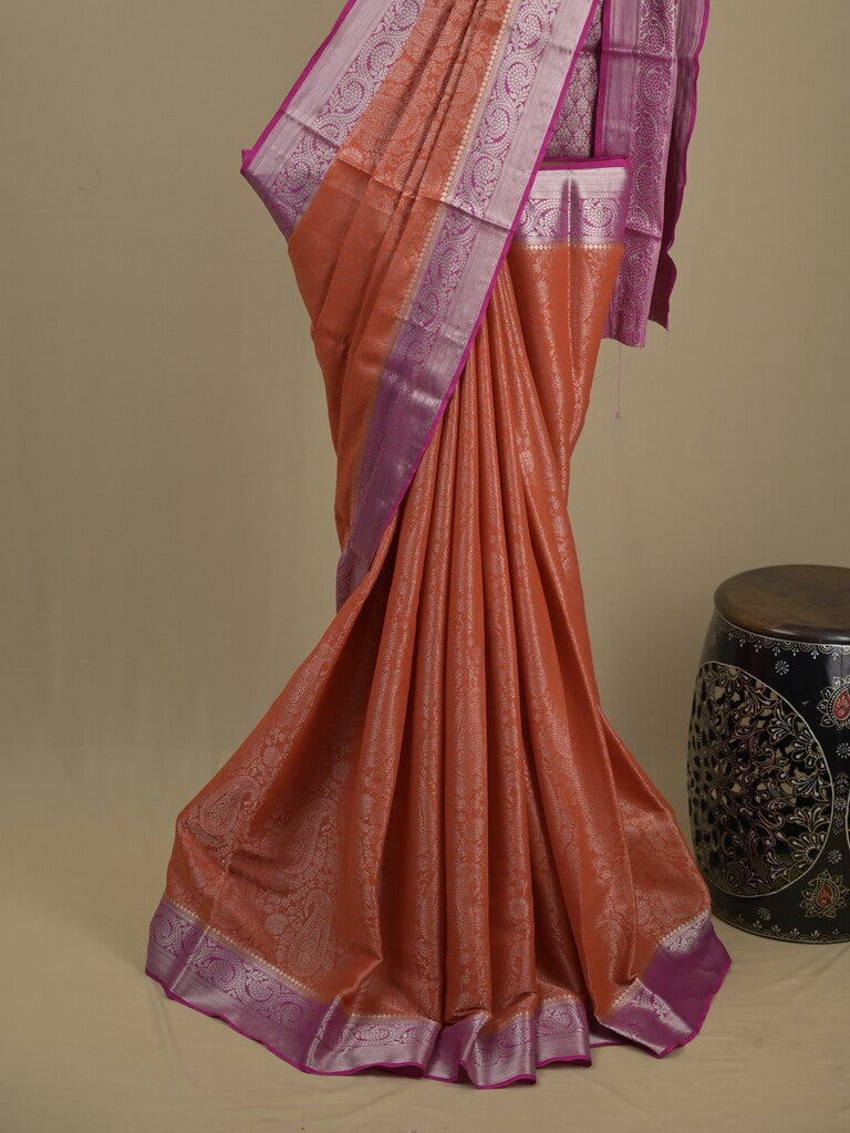 Georgette fancy saree orange color allover weaves & zari border with rich pallu and plain blouse