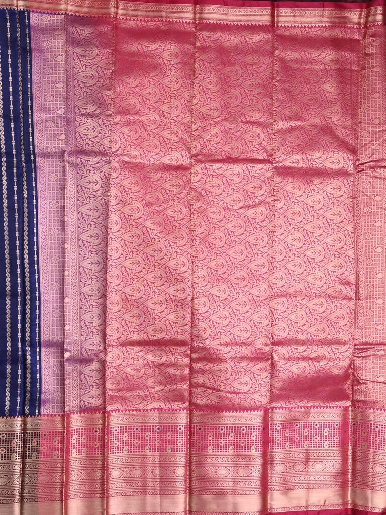 Banaras fancy saree royal blue color allover zari motifs & zari border with rich contrast pallu and plain blouse