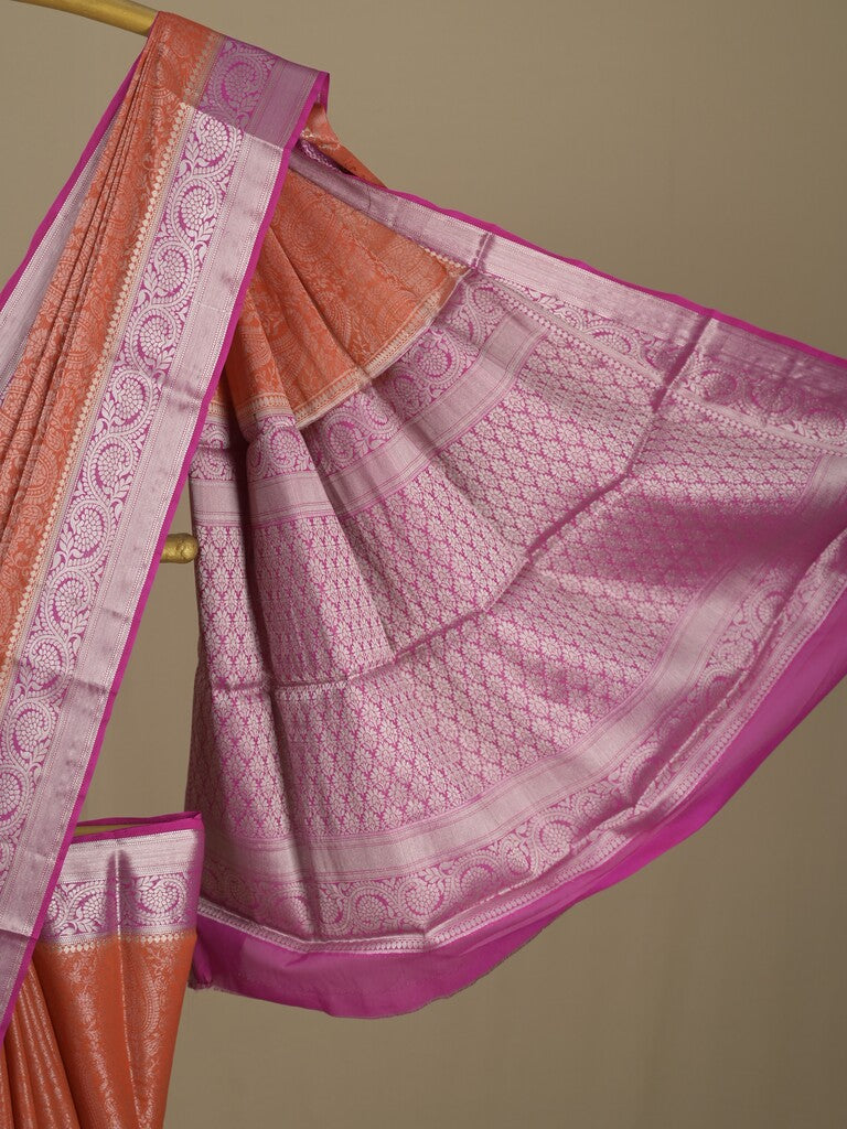 Georgette fancy saree orange color allover weaves & zari border with rich pallu and plain blouse