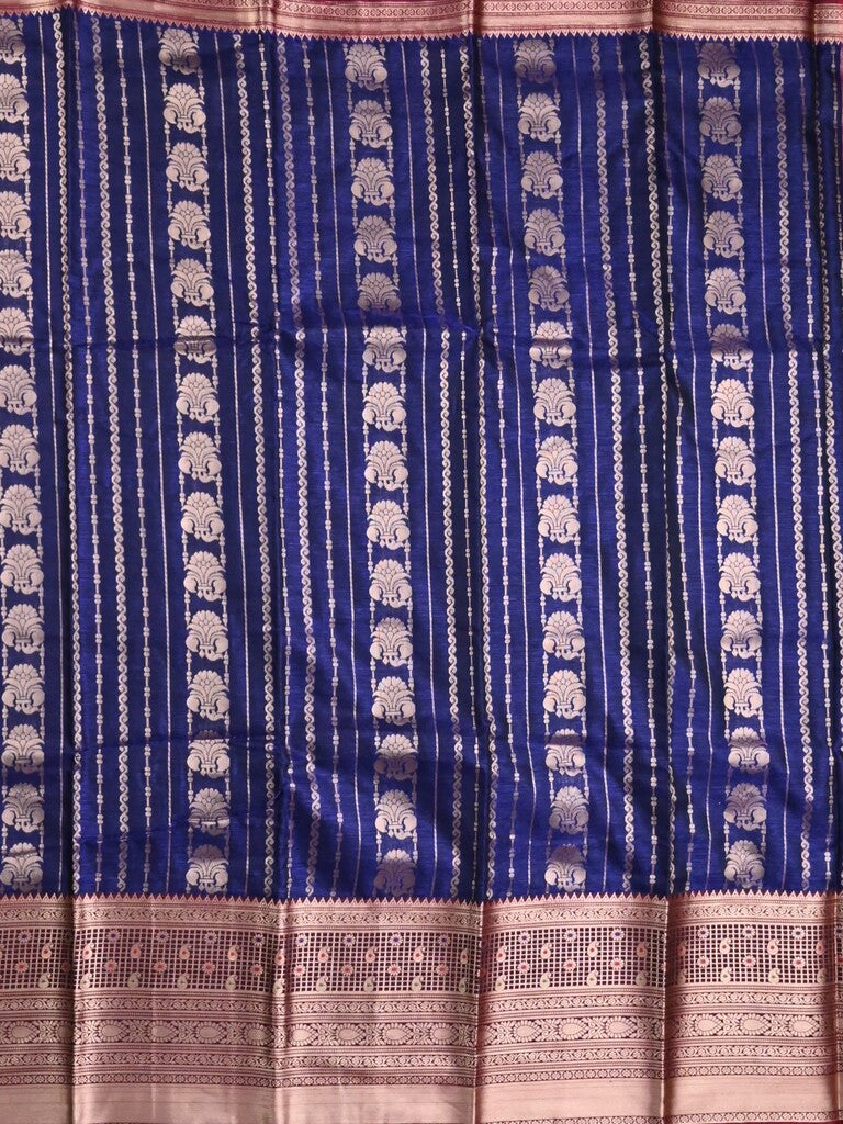 Banaras fancy saree royal blue color allover zari motifs & zari border with rich contrast pallu and plain blouse