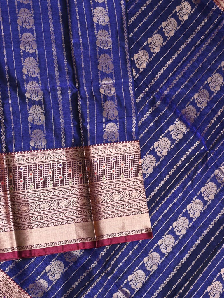 Banaras fancy saree royal blue color allover zari motifs & zari border with rich contrast pallu and plain blouse
