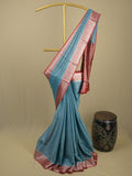 Georgette fancy saree sky blue color allover weaves & zari border with rich pallu and plain blouse