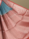 Georgette fancy saree sky blue color allover weaves & zari border with rich pallu and plain blouse