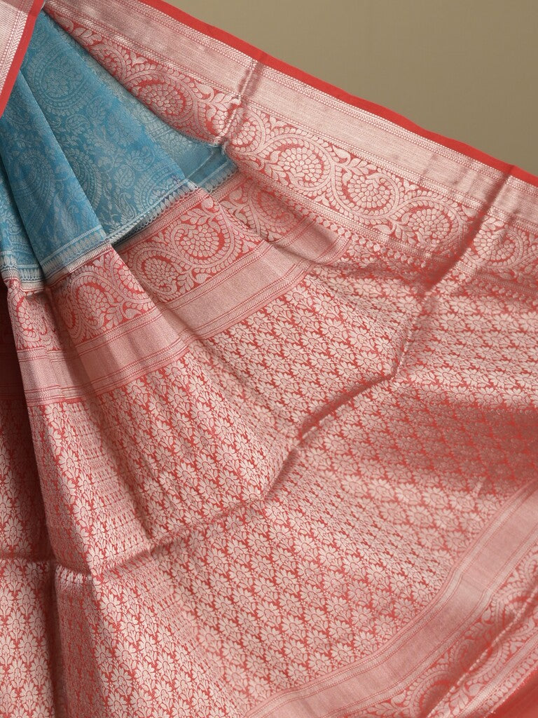 Georgette fancy saree sky blue color allover weaves & zari border with rich pallu and plain blouse