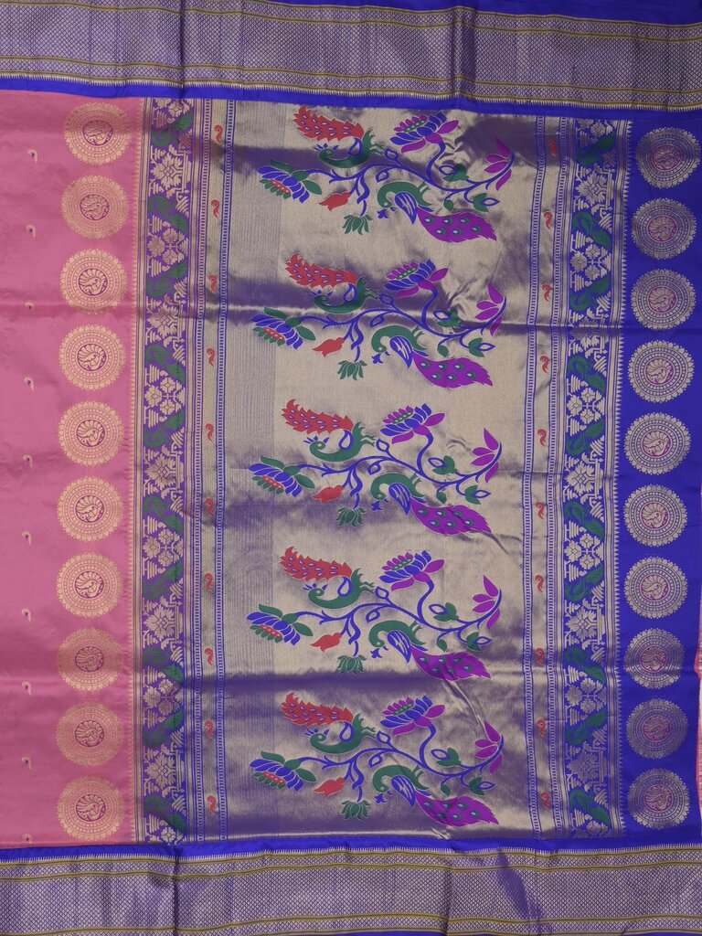 Narayanpet pattu saree allover zari motifs with paithani pallu and contrast blouse