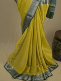 Georgette fancy saree yellowish green color allover weaves & zari border with rich pallu and plain blouse