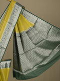 Georgette fancy saree yellowish green color allover weaves & zari border with rich pallu and plain blouse