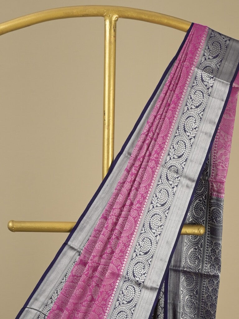 Georgette fancy saree purple color allover weaves & zari border with rich pallu and plain blouse