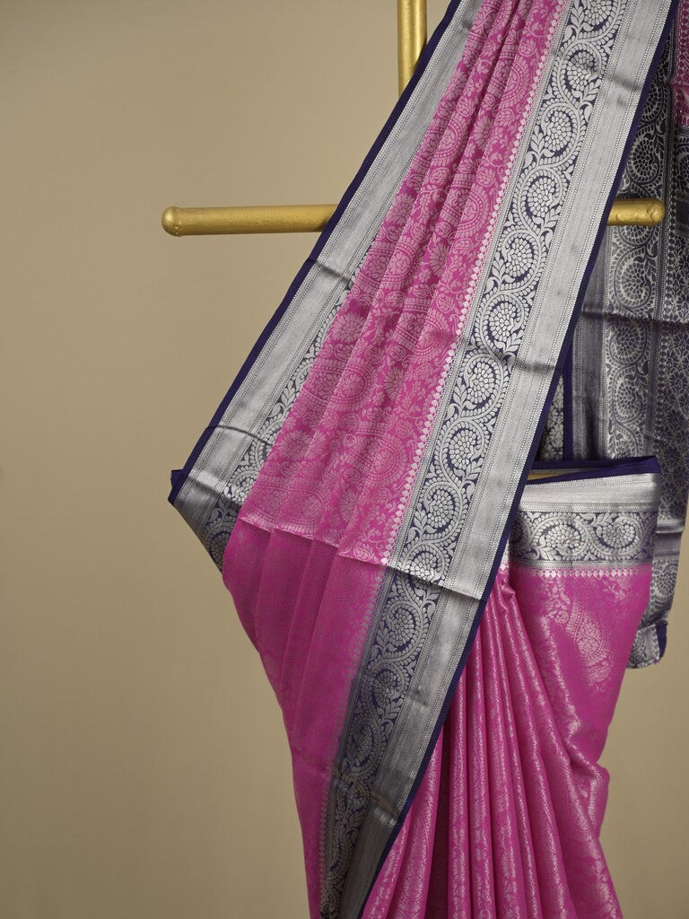 Georgette fancy saree purple color allover weaves & zari border with rich pallu and plain blouse