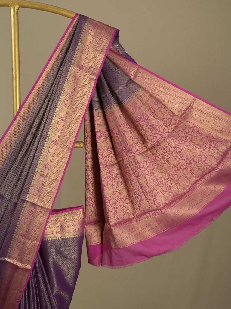 Georgette fancy saree violet color allover weaves & zari border with rich pallu and plain blouse