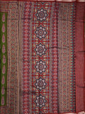 Maheshwari fancy saree bottle green color allover prints & printed zari border with printed pallu and contrast blouse
