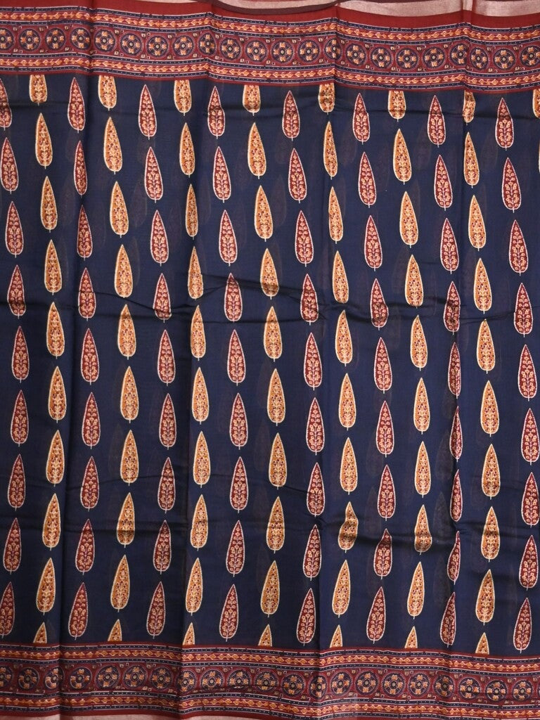 Maheshwari fancy saree navy blue color allover prints & printed zari border with printed pallu and contrast blouse