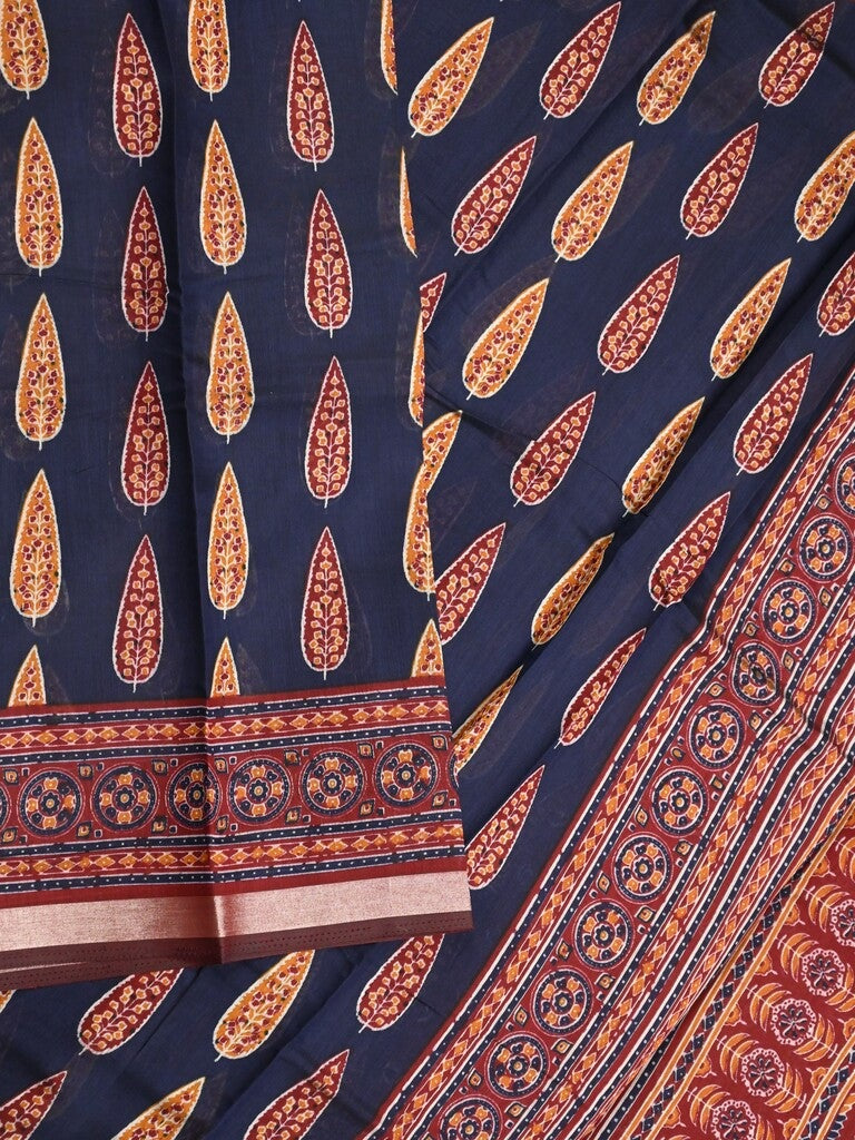 Maheshwari fancy saree navy blue color allover prints & printed zari border with printed pallu and contrast blouse