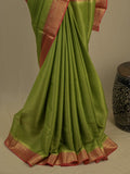 Georgette fancy saree parrot green color allover weaves & zari border with rich pallu and plain blouse