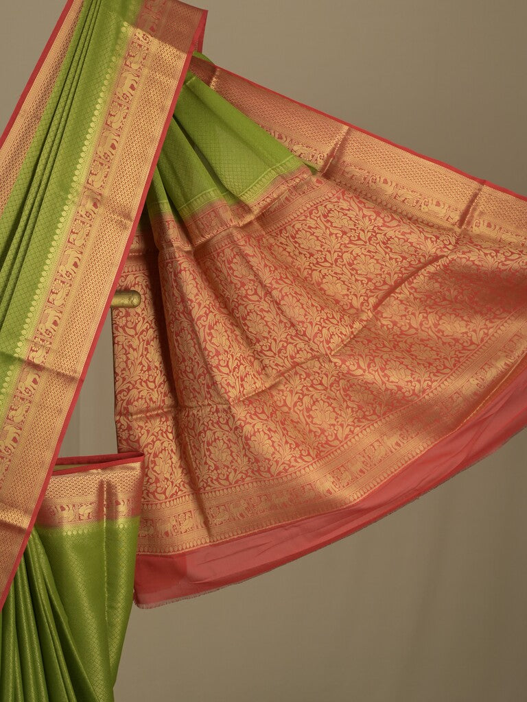 Georgette fancy saree parrot green color allover weaves & zari border with rich pallu and plain blouse