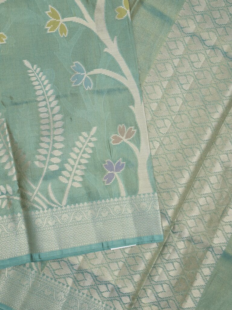 Organza tissue fancy saree allover zari weaves & zari border with self pallu and plain tissue blouse