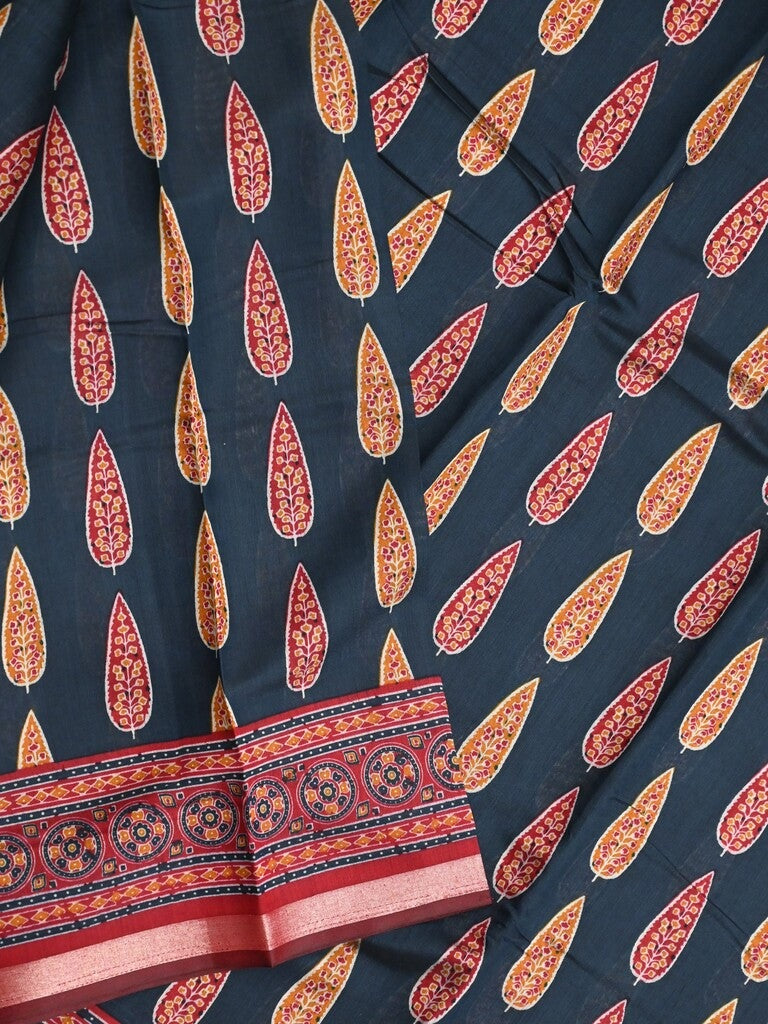 Maheshwari fancy saree dark blue color allover prints & printed zari border with printed pallu and contrast blouse