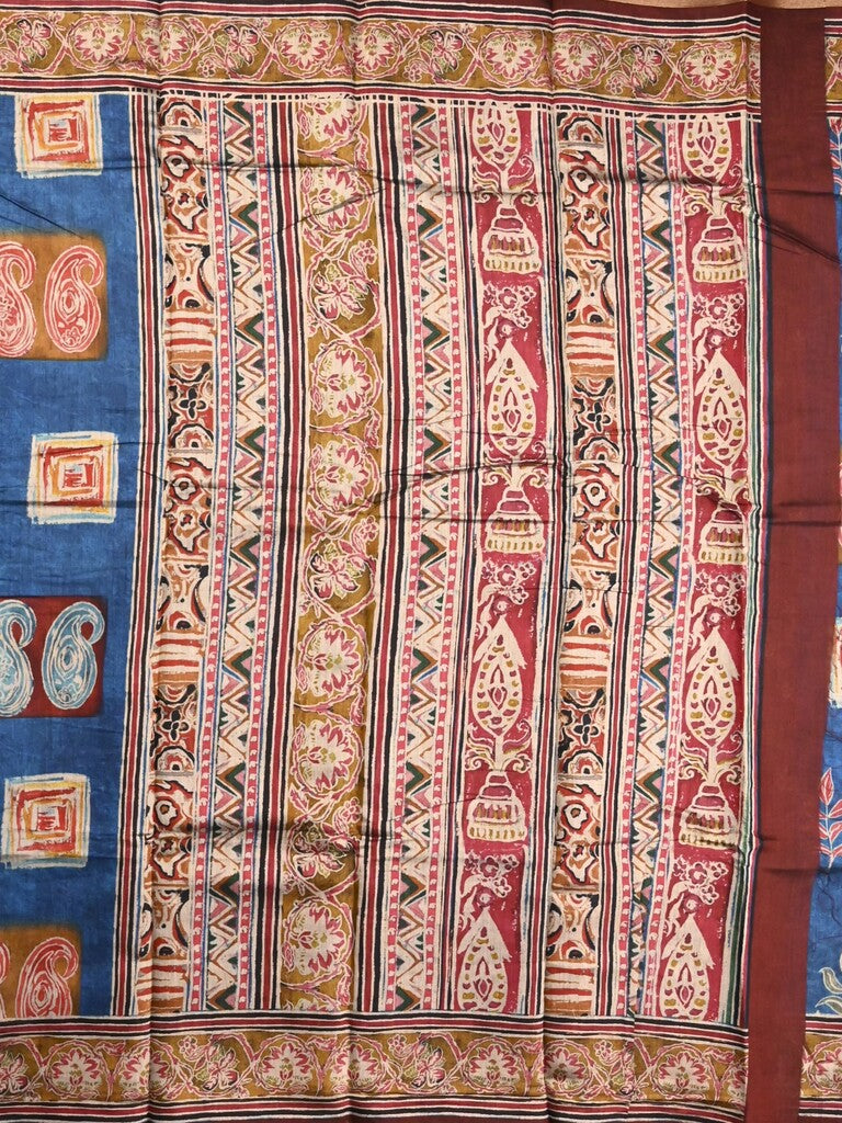 Maheshwari fancy saree royal blue color allover prints & printed zari border with printed pallu and contrast blouse