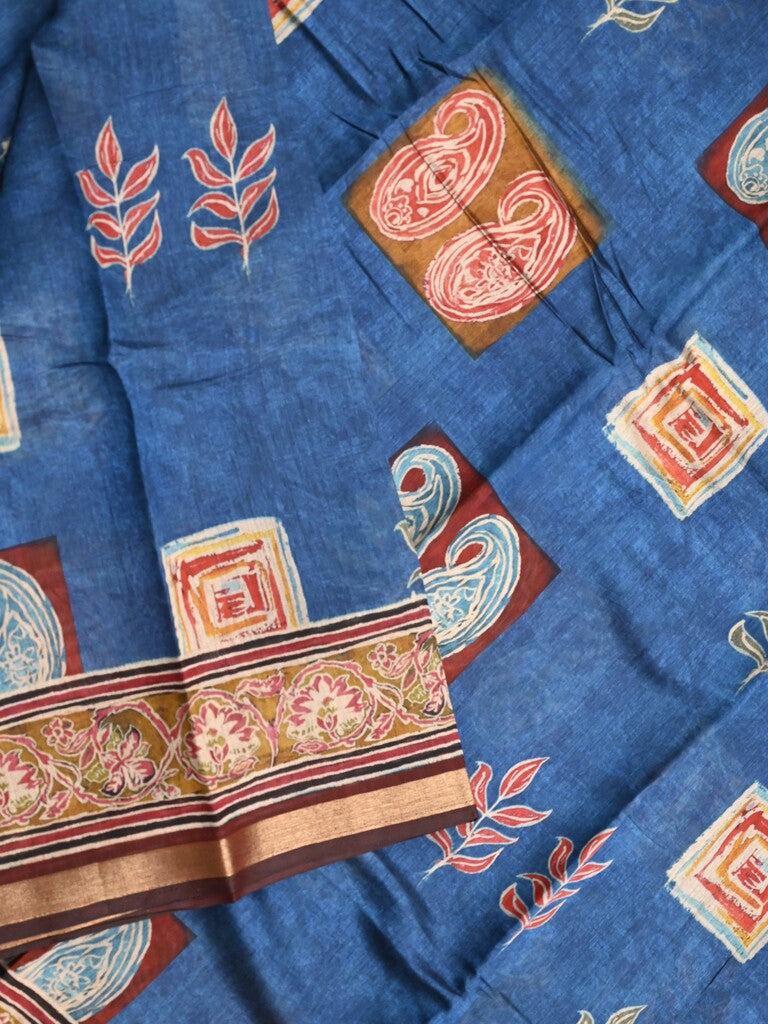 Maheshwari fancy saree royal blue color allover prints & printed zari border with printed pallu and contrast blouse