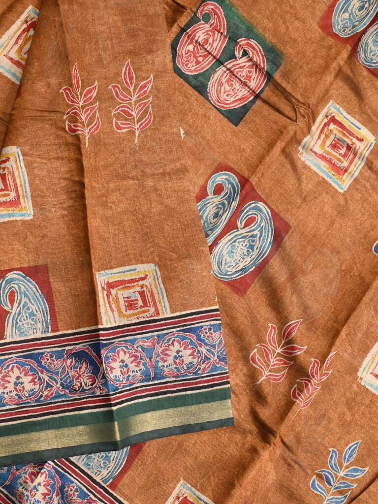 Maheshwari fancy saree mustard yellow color allover prints & printed zari border with printed pallu and contrast blouse