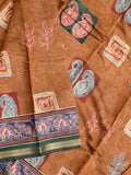 Maheshwari fancy saree mustard yellow color allover prints & printed zari border with printed pallu and contrast blouse