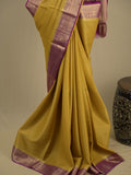 Georgette fancy saree golden yellow color allover weaves & zari border with rich pallu and plain blouse