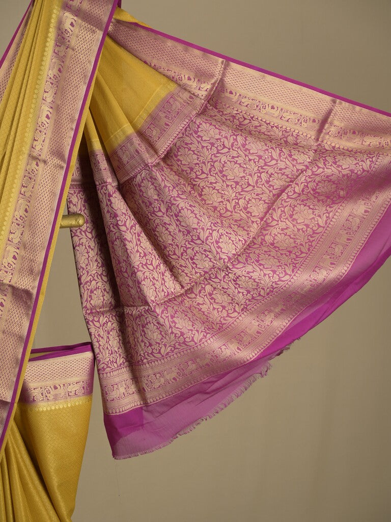 Georgette fancy saree golden yellow color allover weaves & zari border with rich pallu and plain blouse