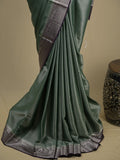Georgette fancy saree pista green color allover weaves & zari border with rich pallu and plain blouse