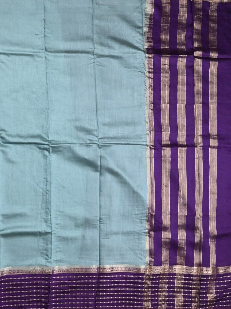 Maheshwari fancy saree sky blue color allover plain & zari border with zari pallu and contrast plain blouse