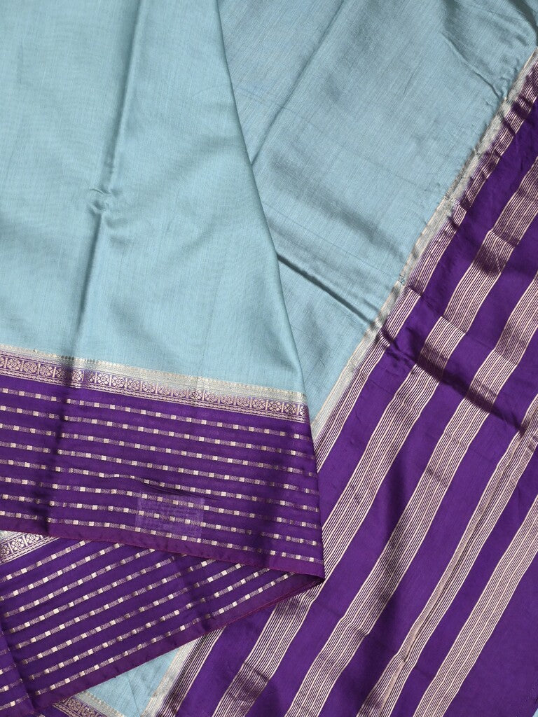Maheshwari fancy saree sky blue color allover plain & zari border with zari pallu and contrast plain blouse