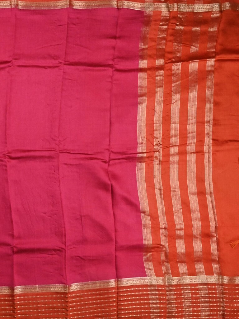 Maheshwari fancy saree dark pink color allover plain & zari border with zari pallu and contrast plain blouse