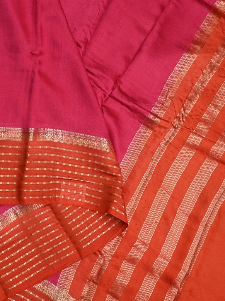 Maheshwari fancy saree dark pink color allover plain & zari border with zari pallu and contrast plain blouse