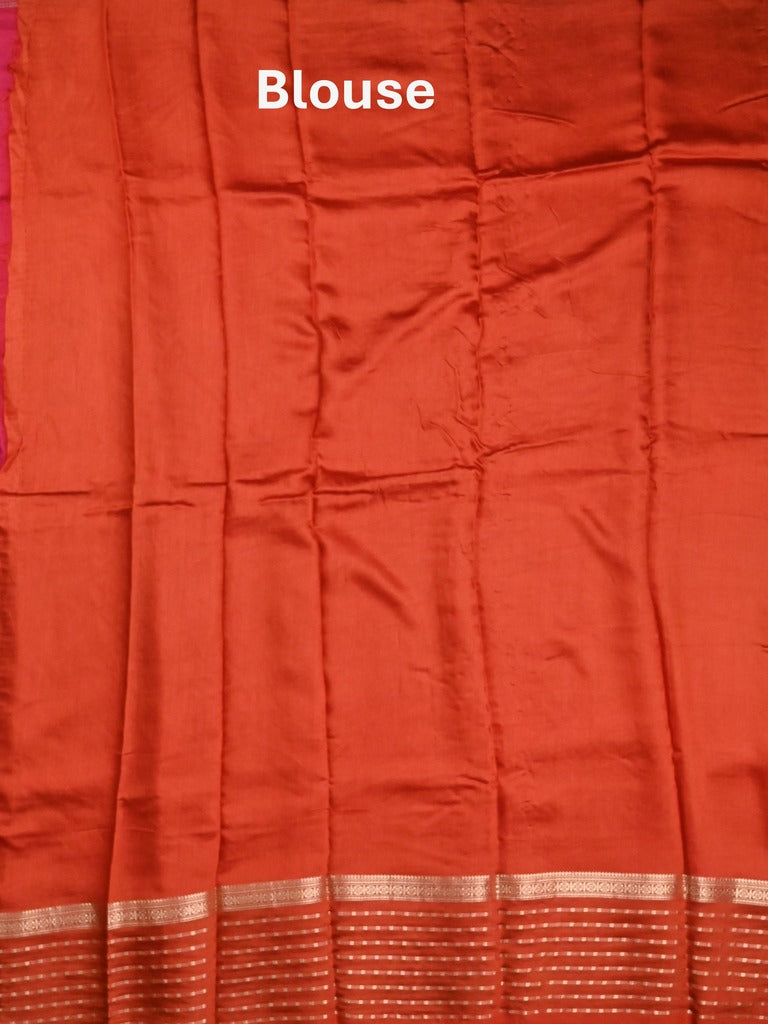 Maheshwari fancy saree dark pink color allover plain & zari border with zari pallu and contrast plain blouse