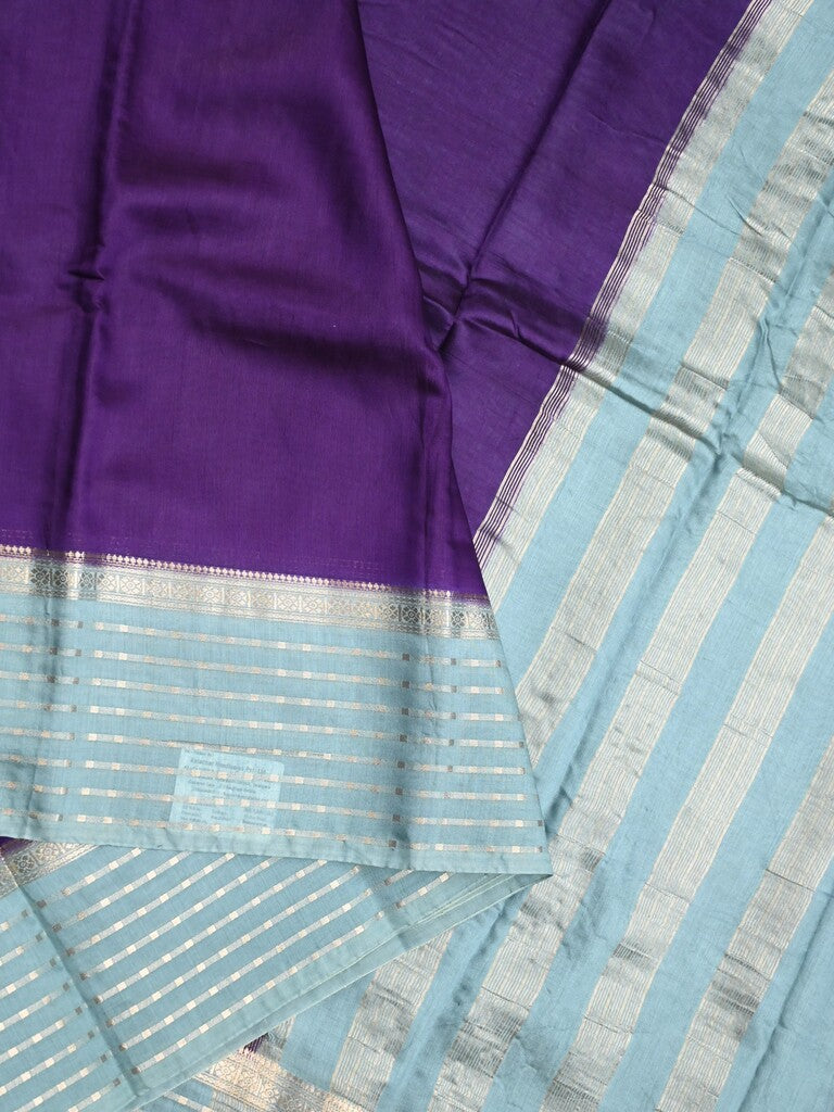 Maheshwari fancy saree dark blue color allover plain & zari border with zari pallu and contrast plain blouse