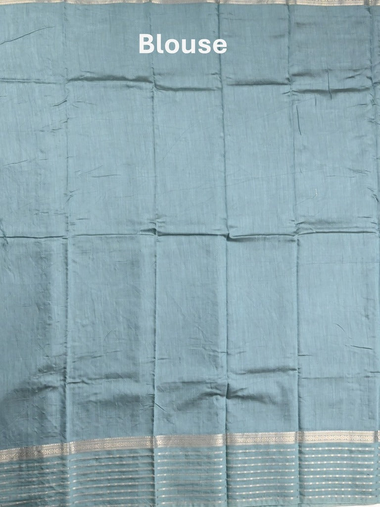 Maheshwari fancy saree dark blue color allover plain & zari border with zari pallu and contrast plain blouse