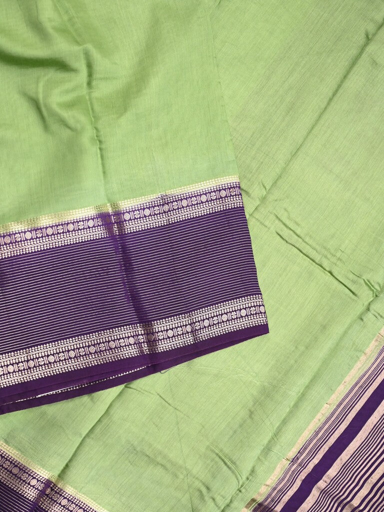 Maheshwari fancy saree pista green color allover plain & zari border with zari pallu and contrast plain blouse