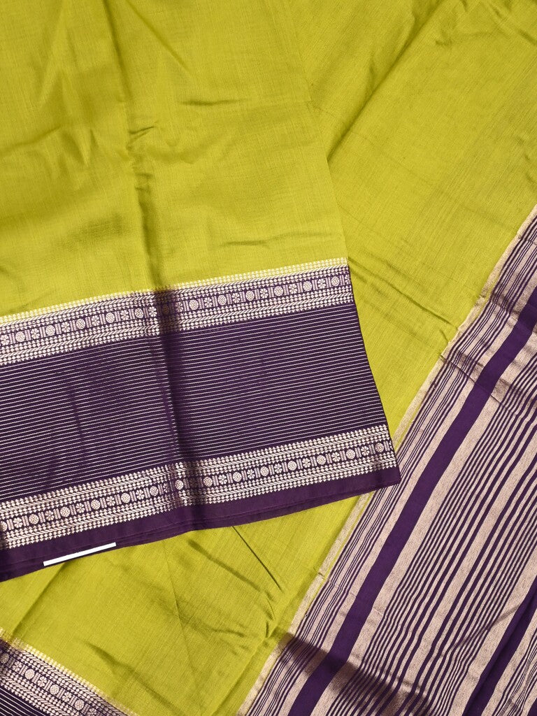 Maheshwari fancy saree lemon yellow color allover plain & zari border with zari pallu and contrast plain blouse