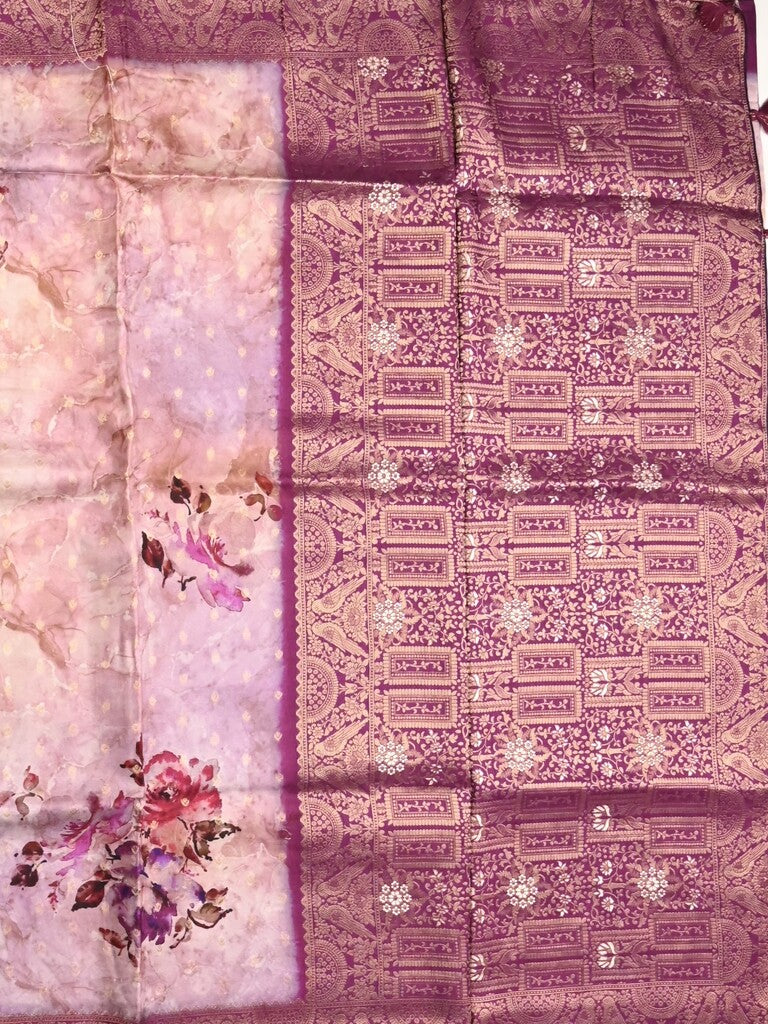 Dola silk fancy saree pastel purple color allover prints & zari border with rich pallu and contrast plain blouse
